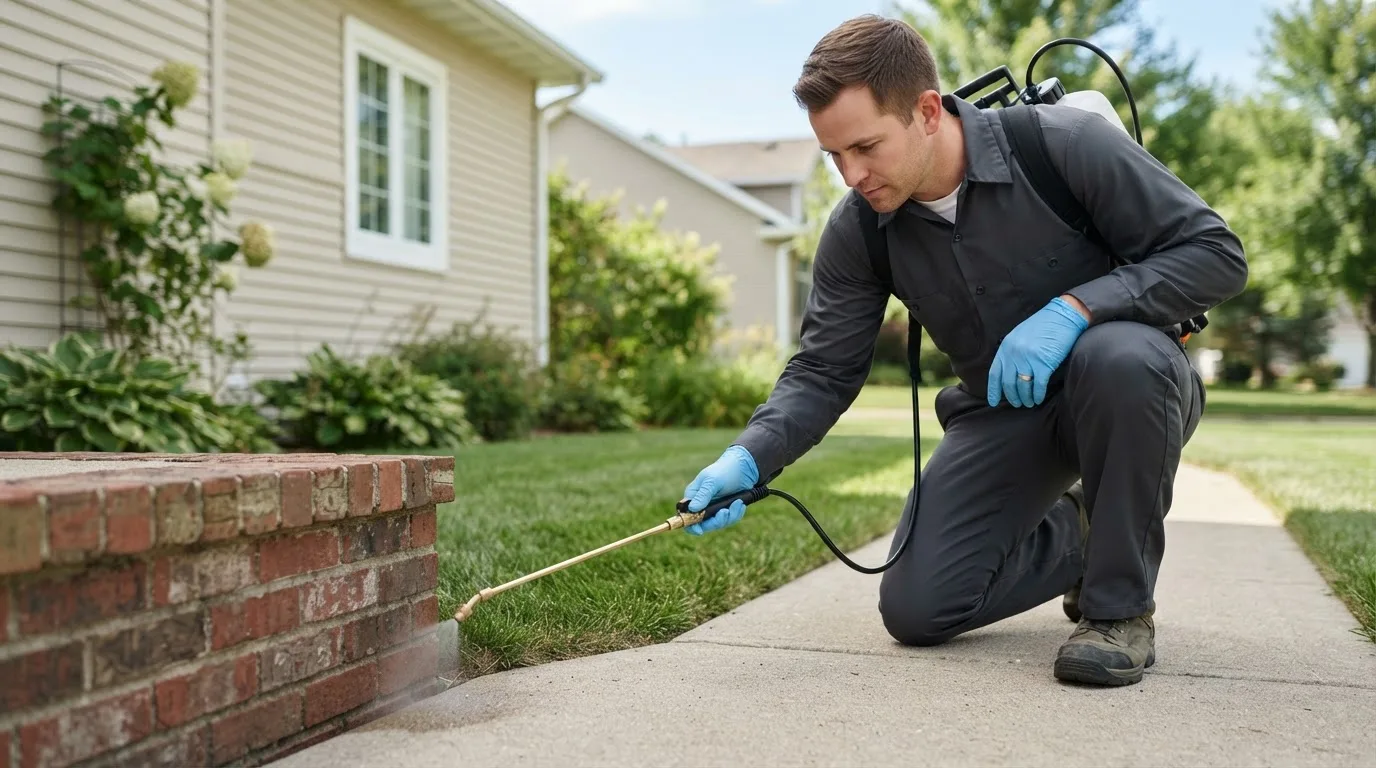 Pest control technician treating a home near Hanska, MN