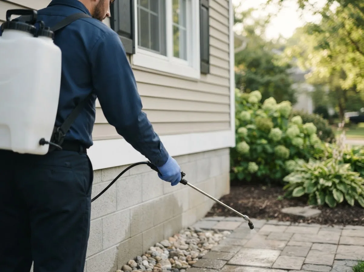 Pest control technician inspecting a home in Hanska, MN